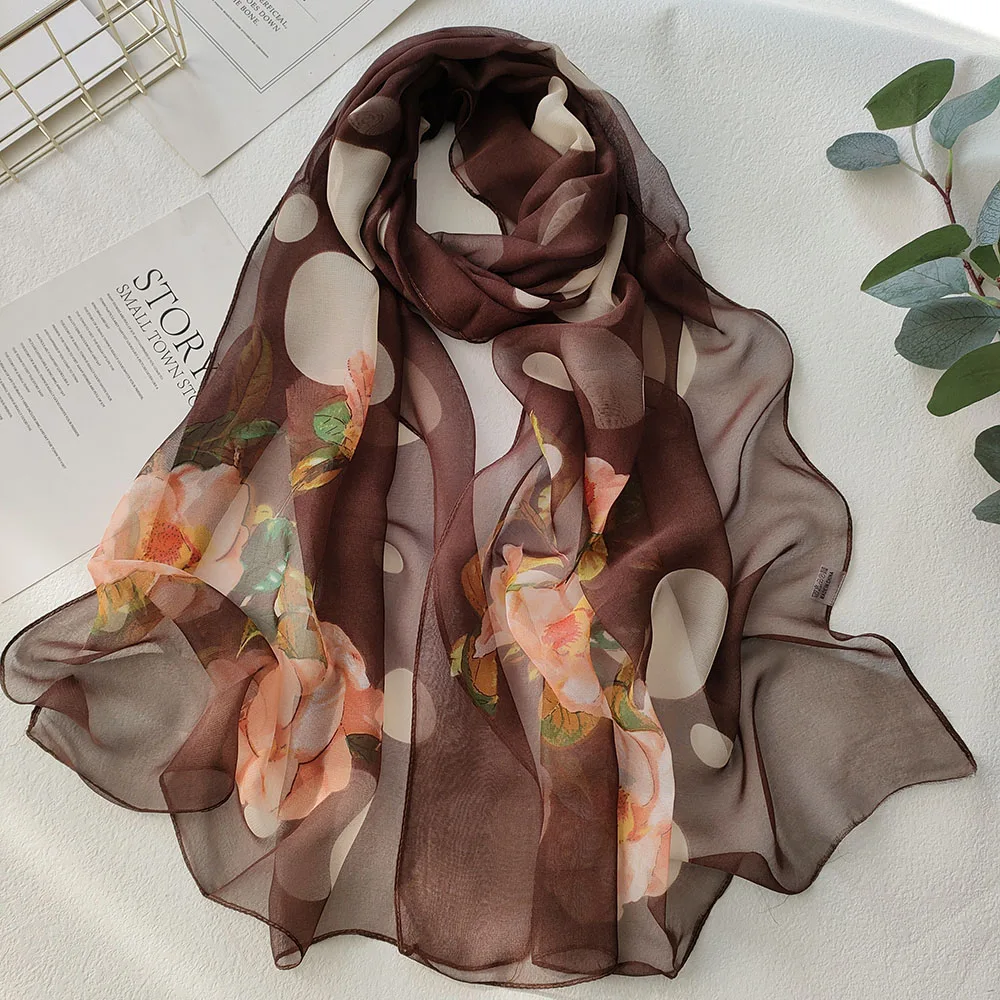 Camellia Flower Dots Print Women Foulard Elegant Chiffon Georgette Bandana Scarf Summer Beach Travel Sun Protection Thin