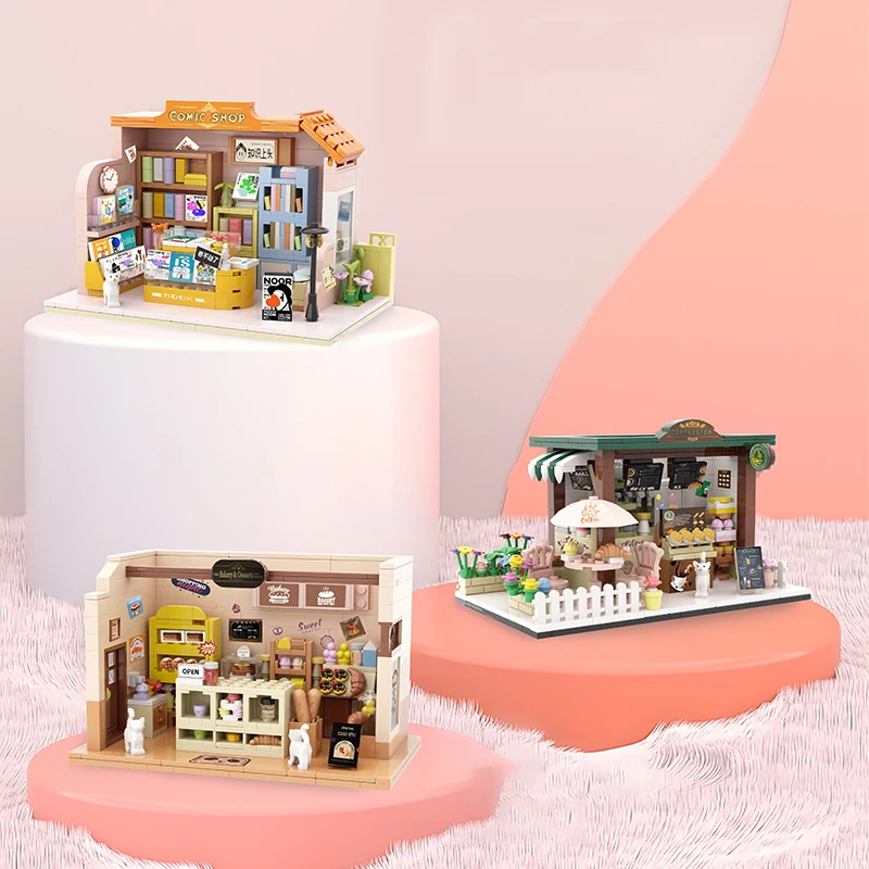 Mini City Street View Coffee Houses Building Blocks MOC Kitten Bakery Library Desktop Ornaments Toy Bricks Friends Children Gift