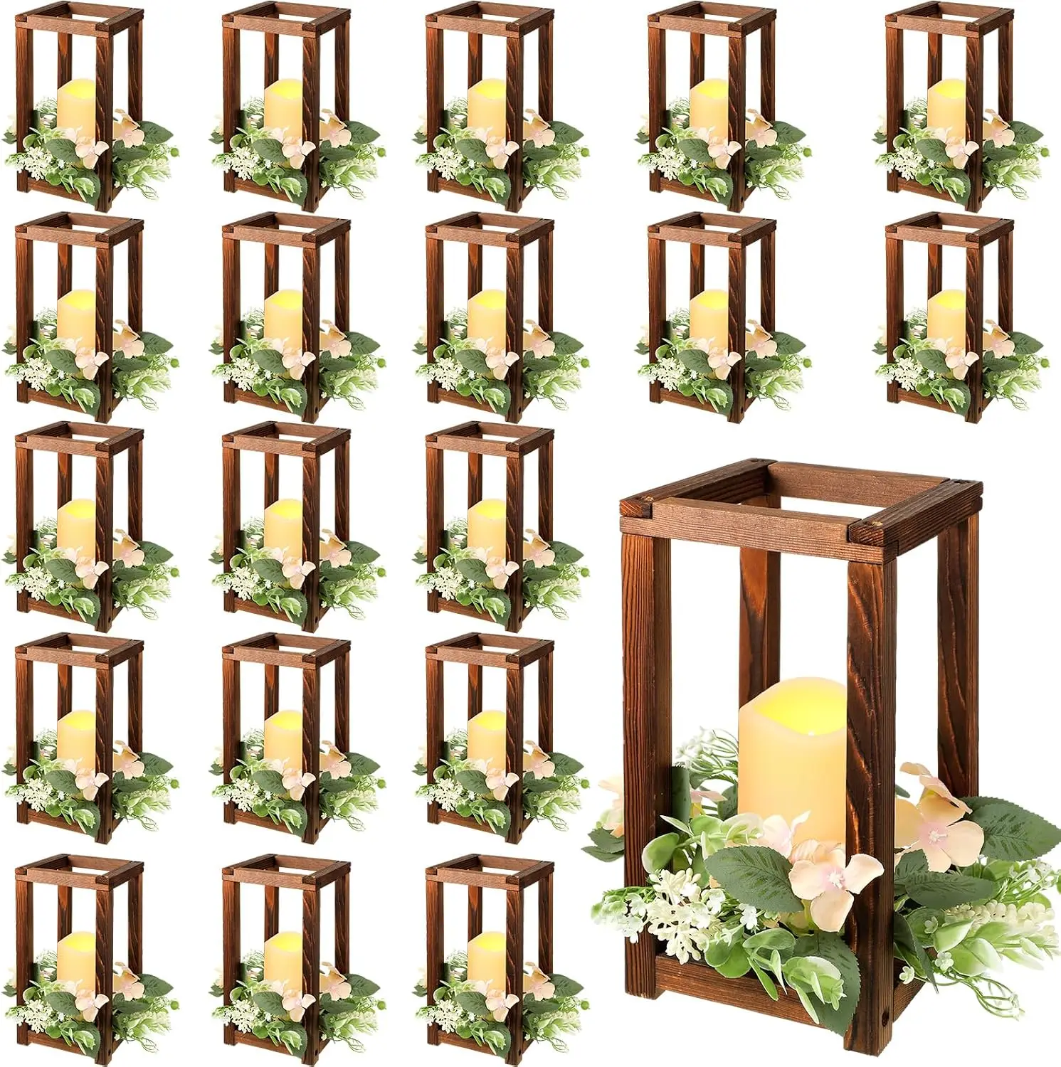 60 Pcs Wooden Wedding Lantern Centerpiece Candles Wreaths Set,Brown | Rustic Holders for Table Christmas, LED Candles Battery Op