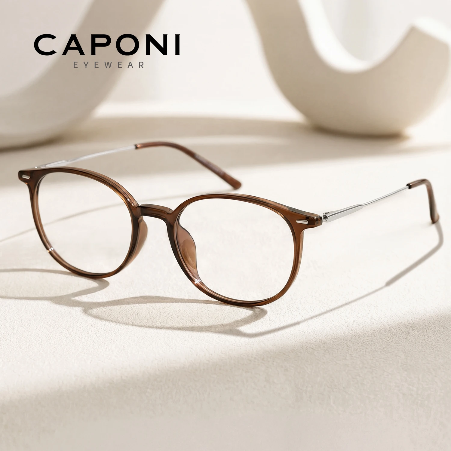 

CAPONI Classic Women Glasses Frame Titanium Original Design Eye Frames Photochromic Anti Blue Ray Brown Eyeglass Frame J35215