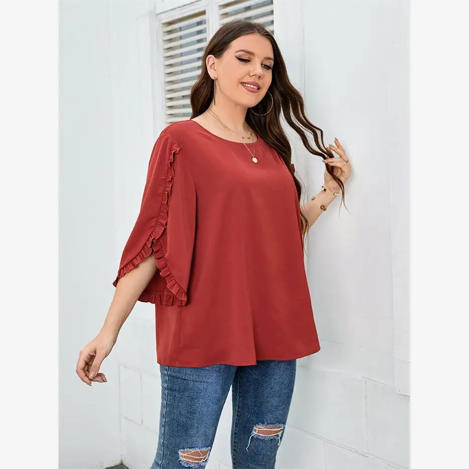 

Свободный красный f Sve женский повседневный топ irt plus Size Faionable Petal Sve круглый топ Ne Color для молодых женщин