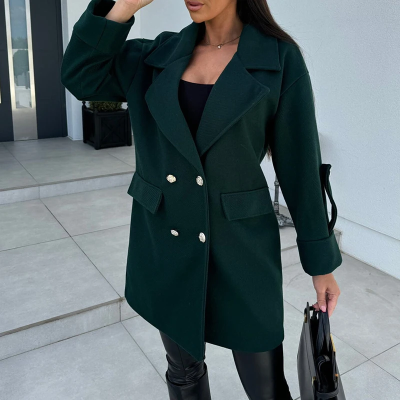 

Winter Women Fashion Double Breasted Outwear Autumn Elegant Lapel Collar Commute Jacket Women Casual Long Sleeve Straight Coats