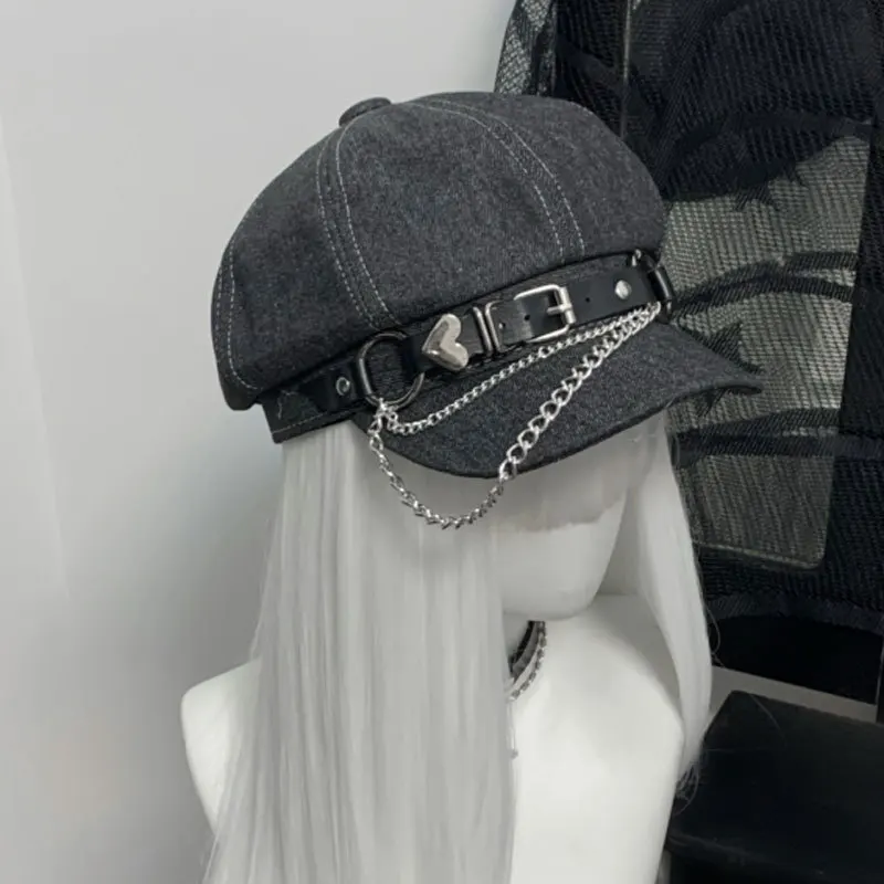 

Cool Sweet Chain Metal Beret Hat Japanese Original Subculture Denim Grey Punk Rock Y2K Painter Cap Trendy Hip Hop Style Hats