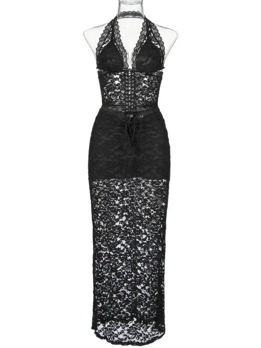 Conjuntos de vestido sexy com bandagem de renda pura, conjuntos de roupas para mulheres, conjuntos de saias maxi, conjuntos de 2 peças, malha de renda transparente