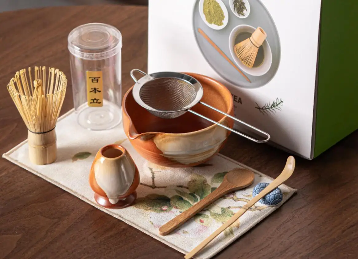

5PCS Traditional Japanese Matcha Bowl and Whisk Holder Tea Bowl with Pouring Spout for Office Table Tea Ceremony Party Gift