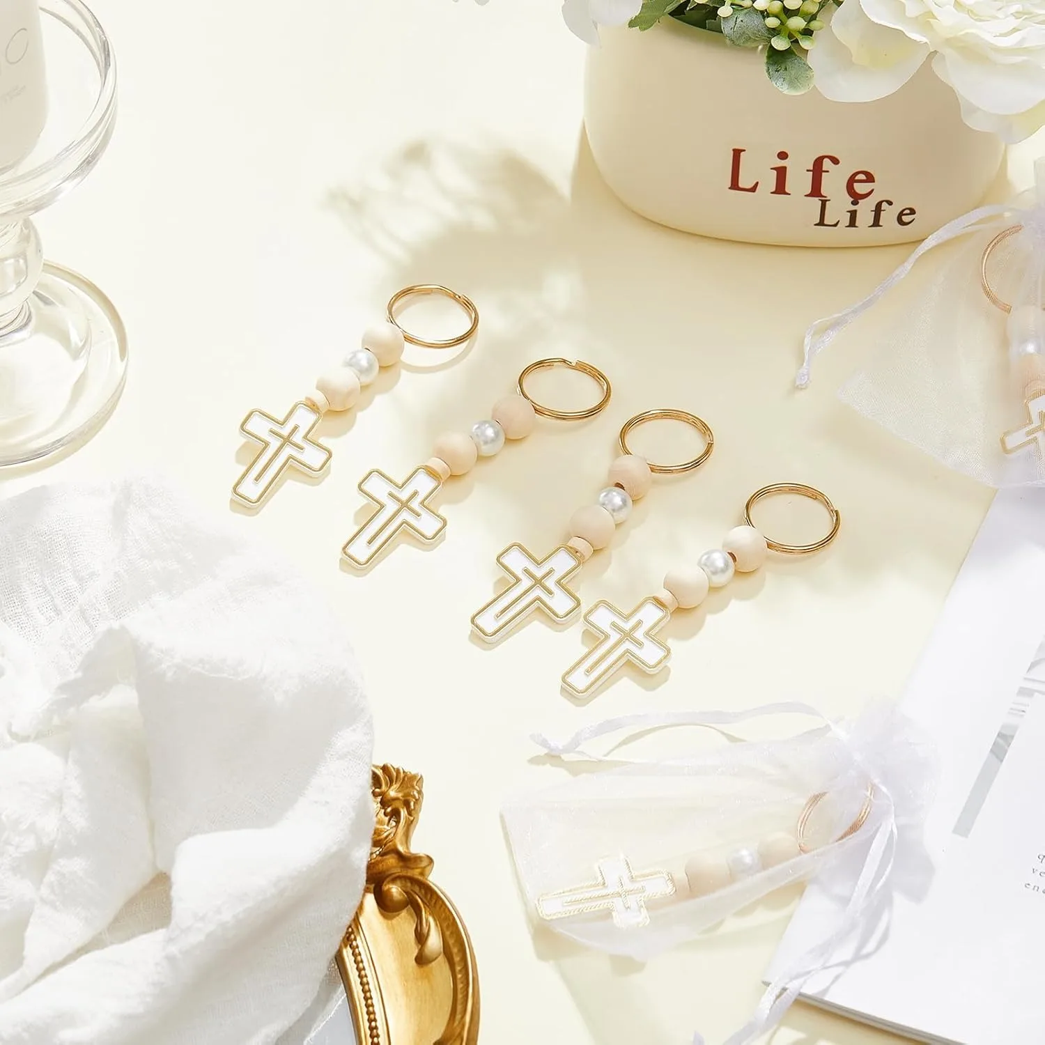 10/20Pcs First Holy Communion Favors Rosary Beads with Cross Crucifix Keychain with White Organza Bag Baptism Favors view 5