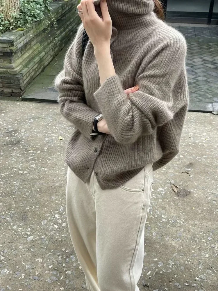

Women Loose Thickened Open Cardigan Autumn Winter New Style 100% Pure Wool Knitted Outerwear High Collar Cashmere Sweater