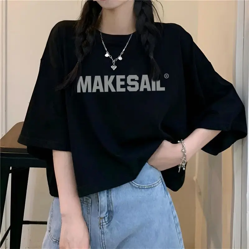 Women's Summer Fashion Simplicity Black Letter Printing O-neck Short Sleeve T-Shirt Women Clothes Casual All-match Loose Tops