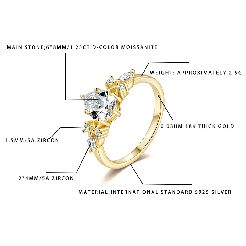 D-Color 1.25CT Moissanite Ring for Women, S925 Silver with 18K Gold Plating, Zircon Accents Fashion Jewelry Engagement Wedding B