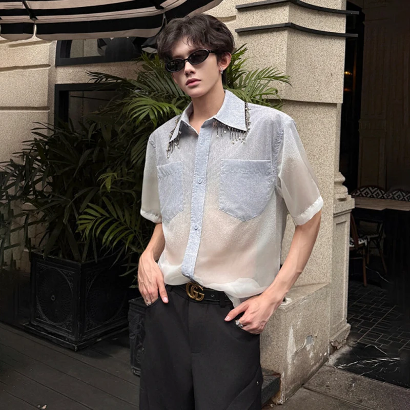 LUZHEN 2026 Summer High Quality Gauze Perspective Thin Short Sleeve Shirts Men's Fashion Elegant Tassel Neck Casual Tops JY7022
