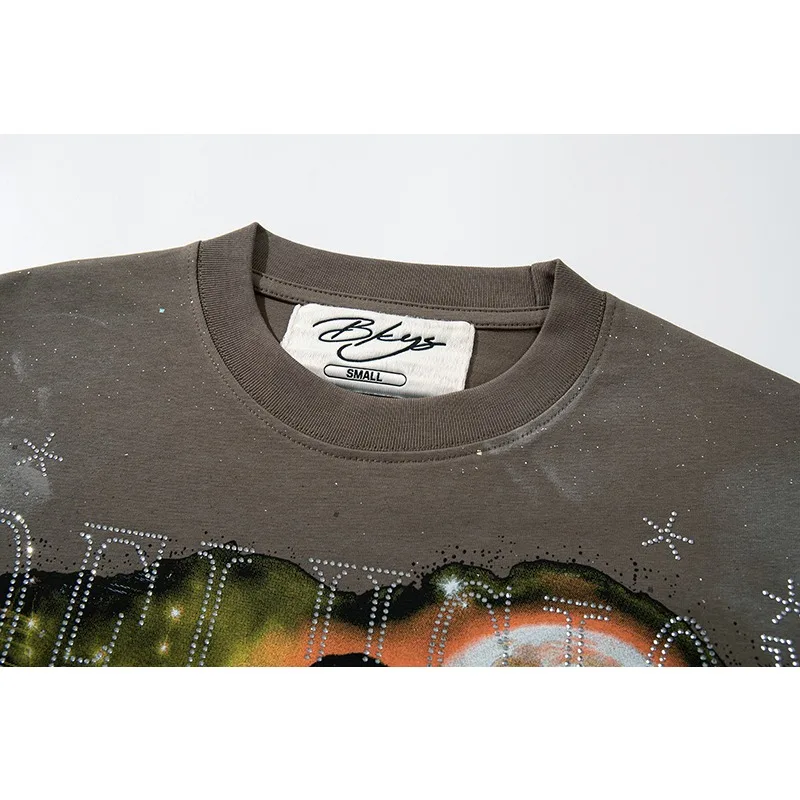 2026SS BKYS Men's Hip‑hop Short Sleeve T‑Shirt Washed Vintage Moon Lady Old‑Vehicle Rhinestone Graphic Tee