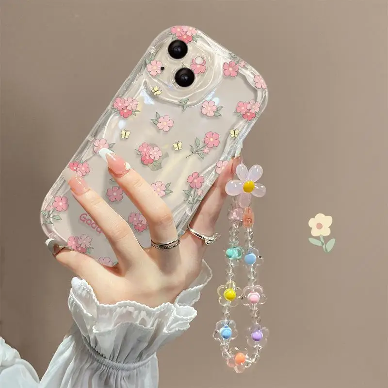 Etui ze smyczą Flower Chain Strap do Samsung Galaxy A34 A55 A35 5G S24 Ultra S22 Plus A13 A54 A53 A52 Cover Soft Silicone Couqe