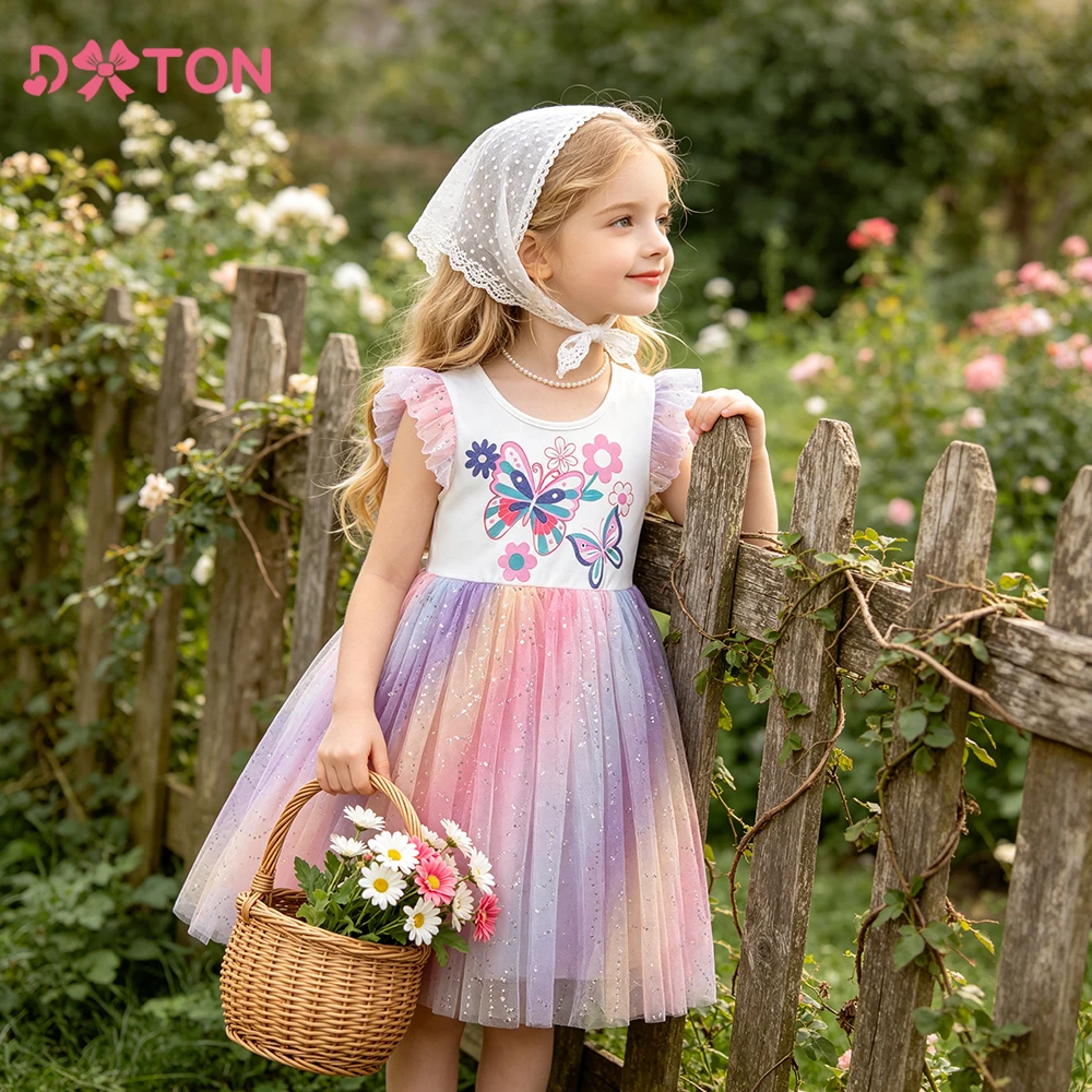 DXTON Summer Sleeveless Girls Holiday Costumes Cotton Toddler Baby Tulle Dresses Butterfly Floral Children Girls Casual Dress