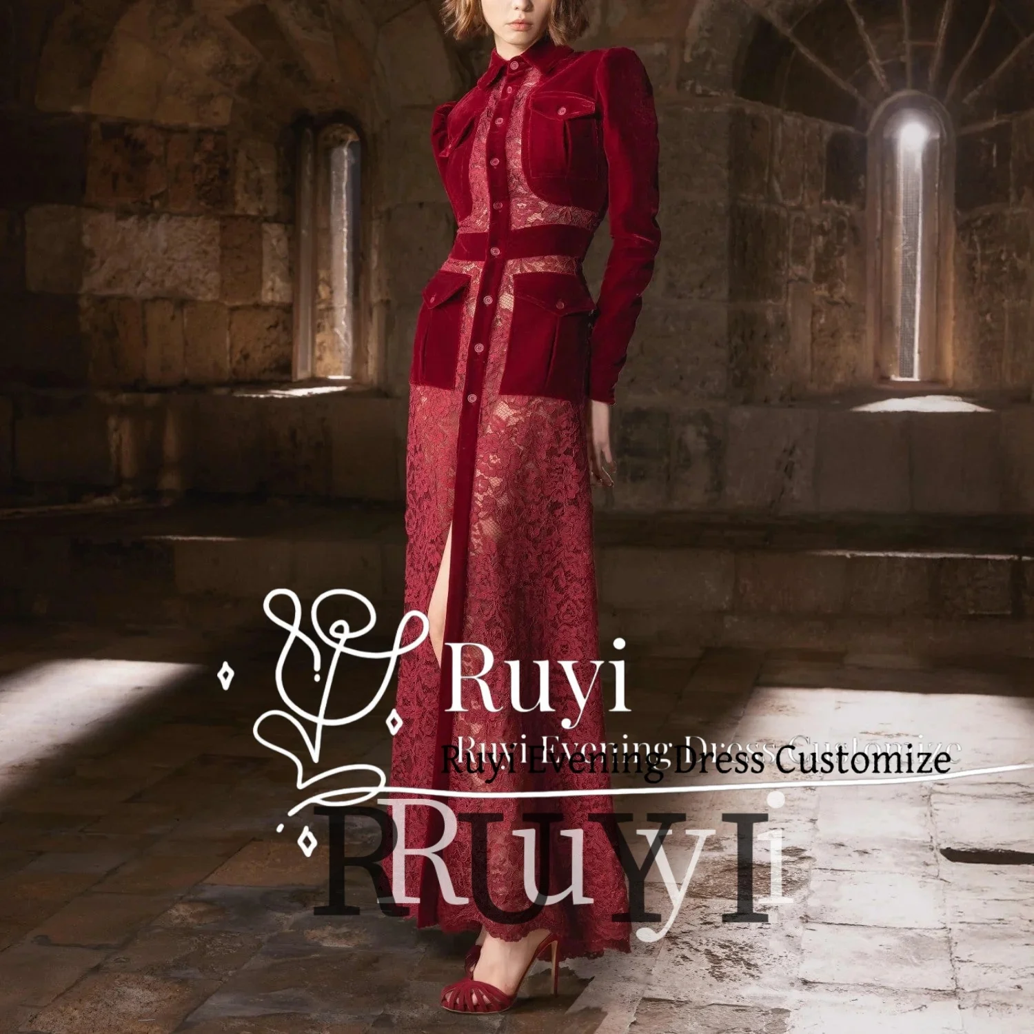 Customized Red Velvet Lace Patchwork See Through Evening Dresses Front Slit Formal Long Sleeves Prom Dress Buttons Party Gown