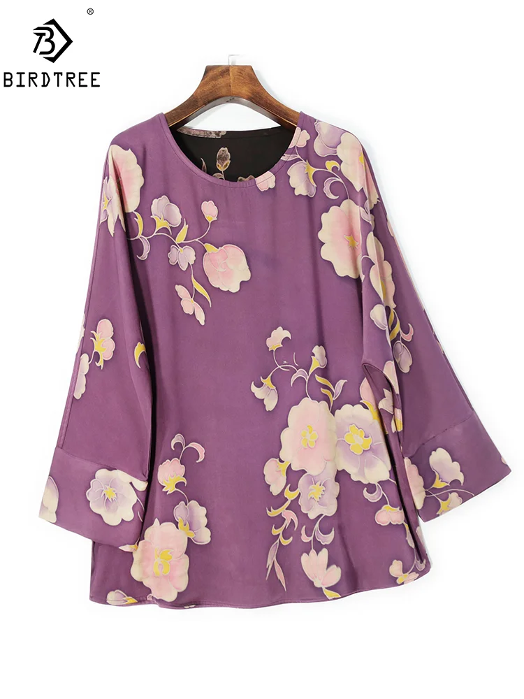 

Birdtree, 60MM Real Silk Crepe Women T-Shirt, Floral Long Sleeve, Retro Elegant Fashion Blouses, 2024 Summer New Tops T446116QM