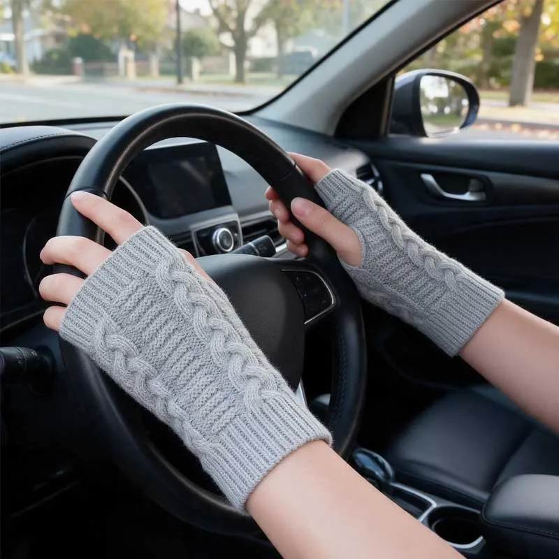 2Pcs Car & Motorcycle Gloves, Autumn Winter Twisted Knit Half Finger Gloves, Fingerless Yarn Sleeves, Simple Solid Color Versati