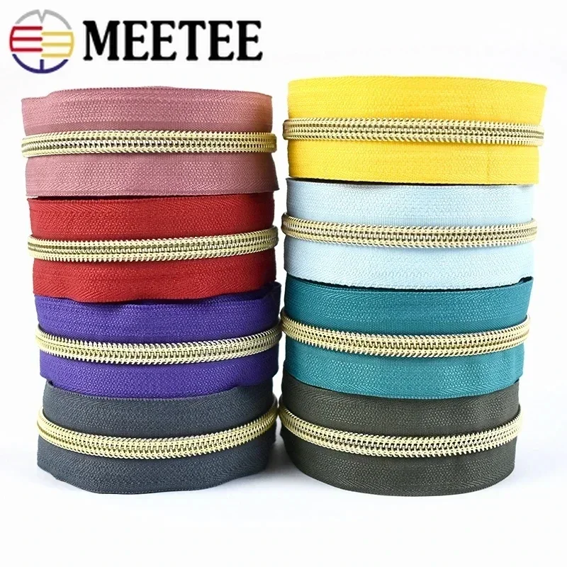 2/4/10Meters Meetee 5# Nylon Zippers Tapes Gold Silver Teeth Zipper for Sewing Bag Zips Heads Garment Repair Kit DIY Accessories