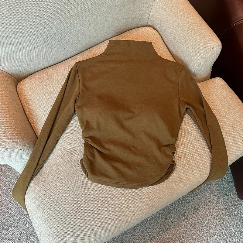 

Korean 2025 Autumn Winter New Solid Velvet Long Sleeved Festival Short Tops Women High Neck Pullover Warm Pleated T Shirt Casual