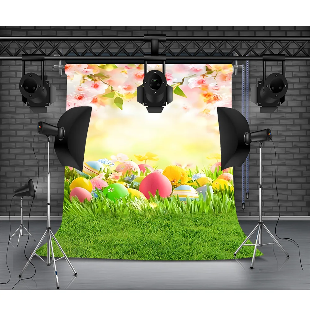 

Easter Backdrop Spring Garden Grass Floral Flowers Colorful Easter Eggs Photography Background Birthday Kids Photo Portrait