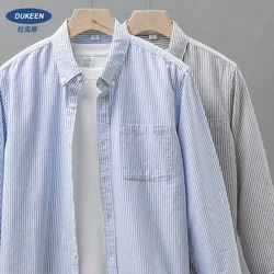 DUKEEN Casual Tops Camisa Listrada Top Solto Cardigan de Algodão Primavera e Outono Camisas de Manga Comprida dos homens novos