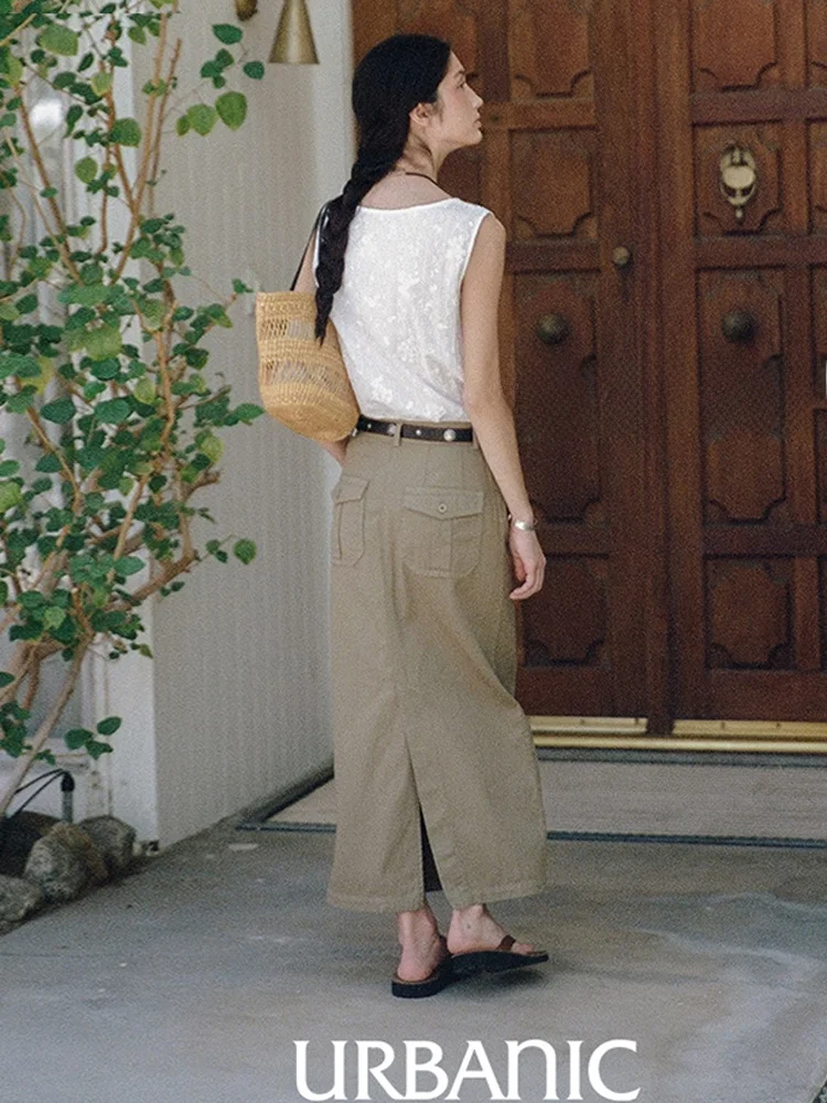 Casual Knee-Length Straight Skirt Women's Workwear Sle High Waist Cotton Fabric Wear Resistant No  Ba Zipper