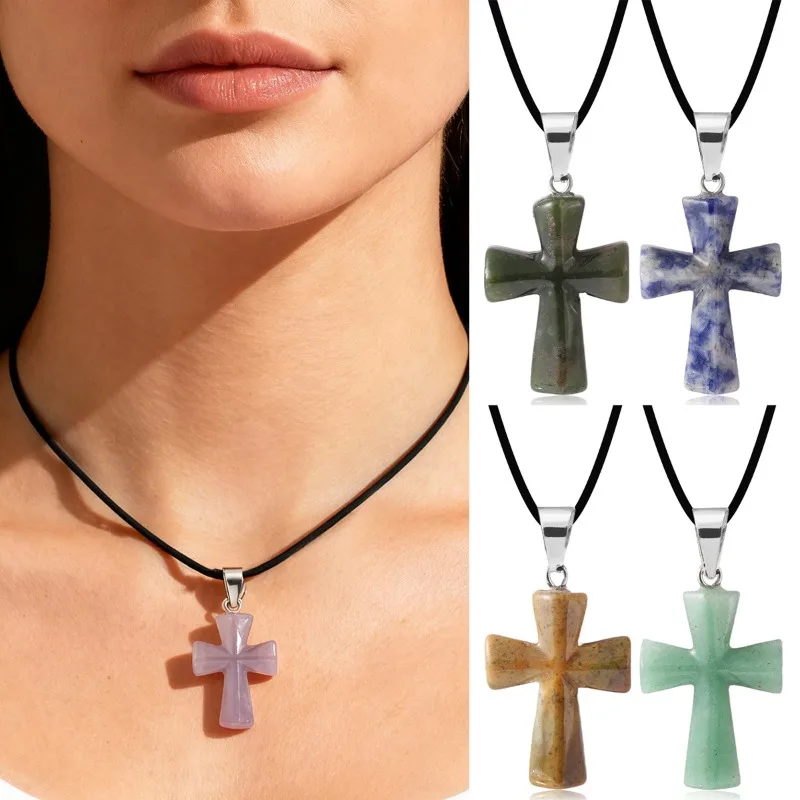 

5 шт. кулонов-крестиков из натурального камня, агатовых подвесок для женщин и мужчин, ожерелья-чокеры из кварцевого кристалла, украшения для чакр, аксессуары