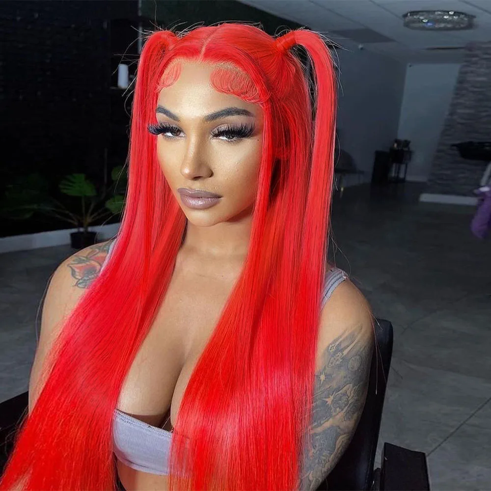 أحمر برتقالي 13x6 الدانتيل الشفاف الجبهة خصلات الشعر المستعار الإنسان للنساء البرازيلي مستقيم الساخن الأحمر 13x4 الدانتيل الباروكات الأمامية قبل نتف