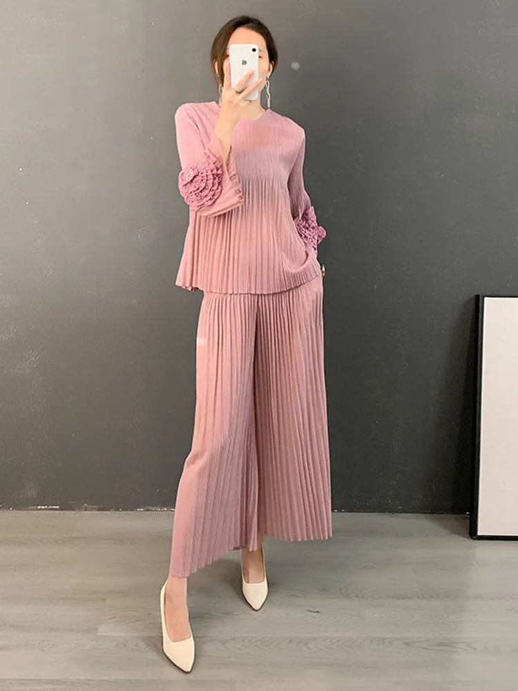 LANMREM Pleated Flower Beading Flare Sleeves Shirts Loose Wide Leg Pants Two Pieces Sets Women 2023 Autumn Fashion 2M296