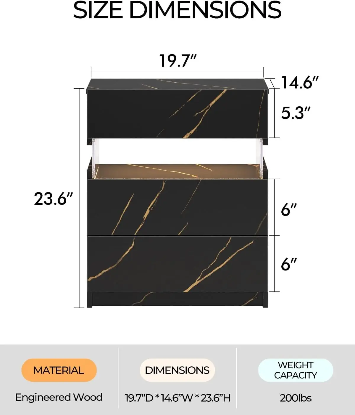 مجموعة منضدة LED مكونة من 2 قطعة مع 3 أدراج وطاولات بجانب السرير من الأكريليك الحديث لغرفة النوم