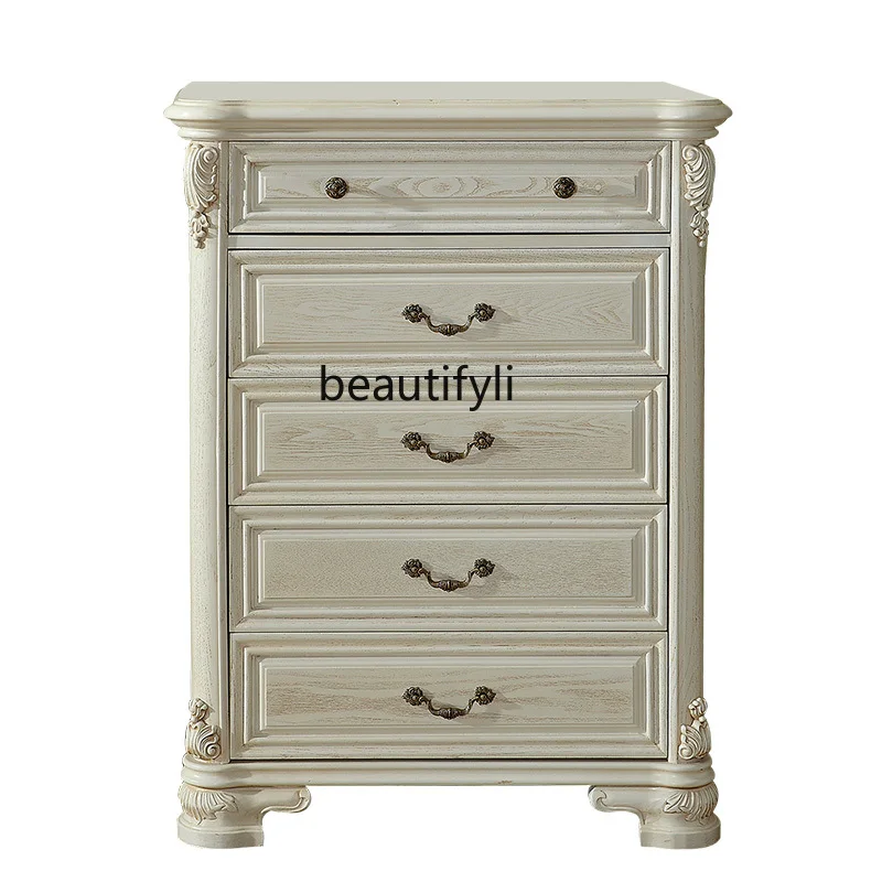 European-Style Solid Wood White Pastoral Style Storage Chest of Drawers Elegant Bedroom Antique White Locker