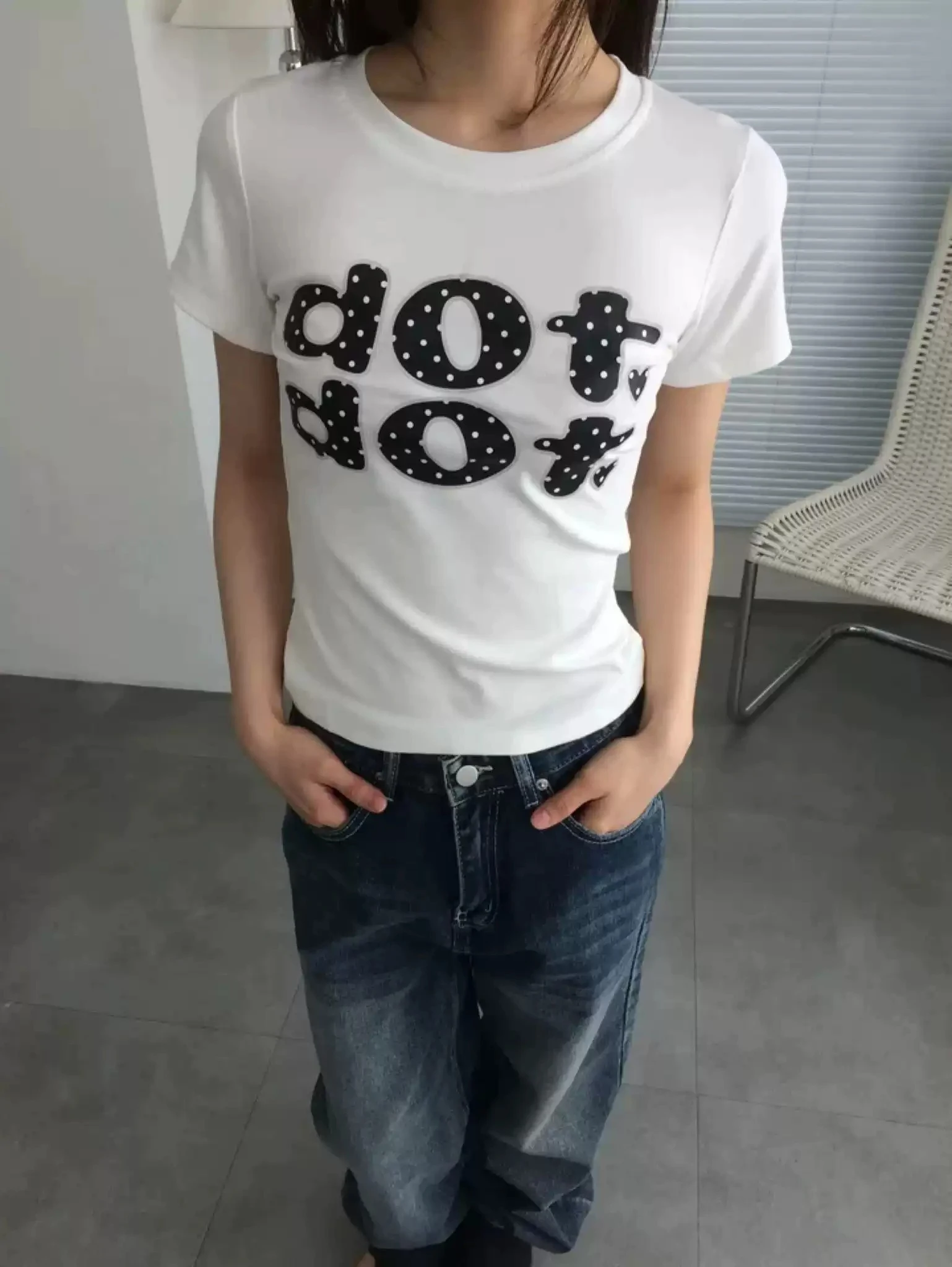 Dot Polka Dot Letter T Shirt Women Cute Heart Bubble Font Print Short Sleeve T-shirt Simple Casual Ladies Graphic Tee Tops