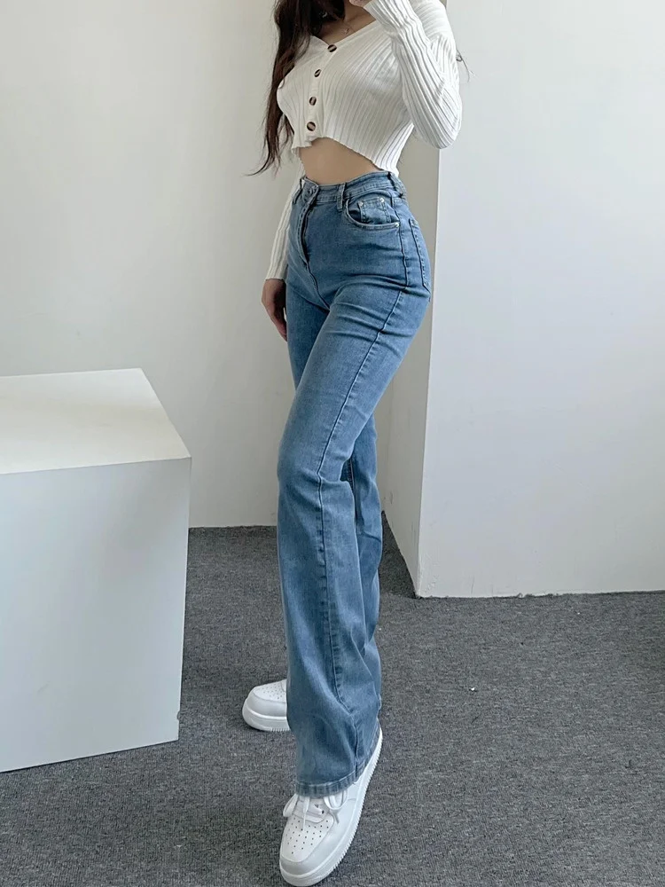 

Spring Autumn Trend New Retro Solid Color High Waist Denim Flared Pants Slim Fit Stretch Tight Women's Clothing M404