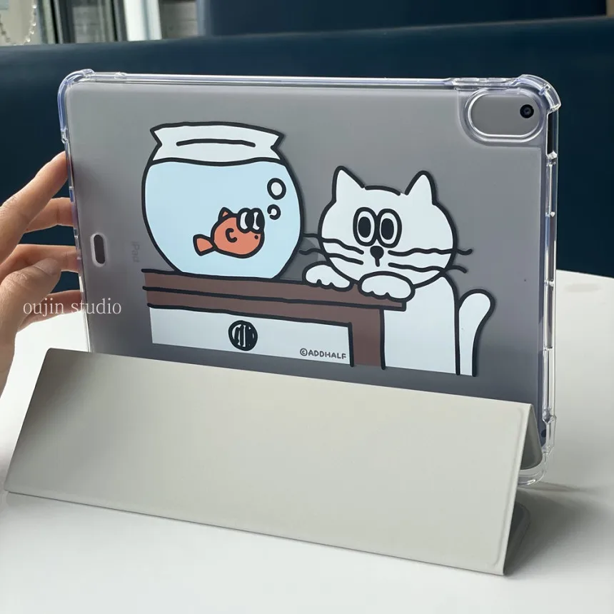 Korean ins niche design cute cartoon cute cat fish tank illustration Grey leather case for tablet 2021iPad protective case 2022/