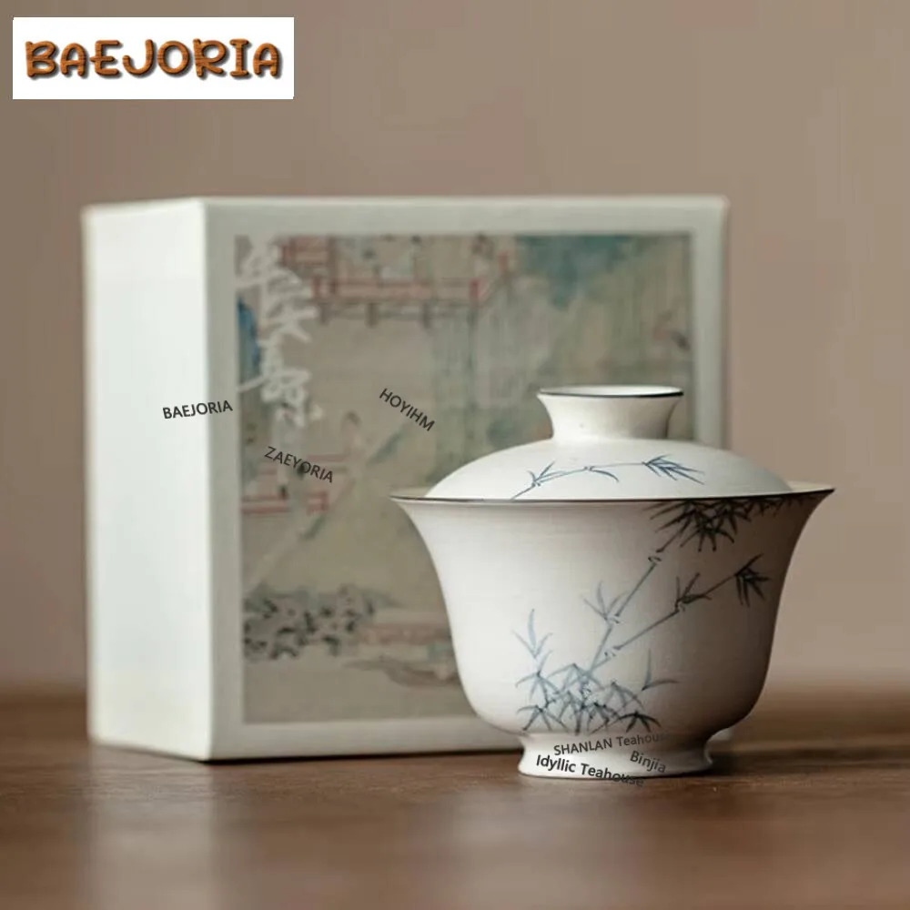 150ml Powder Yin White Pottery Gaiwan Japanese Handpainted Ink Bamboo Tea Tureen Tea Maker Cover Bowl Lid Kit for Tea Collection