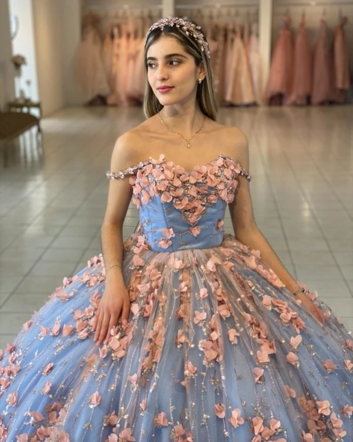 Princesa Quinceanera vestido de tule sem ombro, vestido floral de baile, 16 vestidos, 15 anos, personalizado