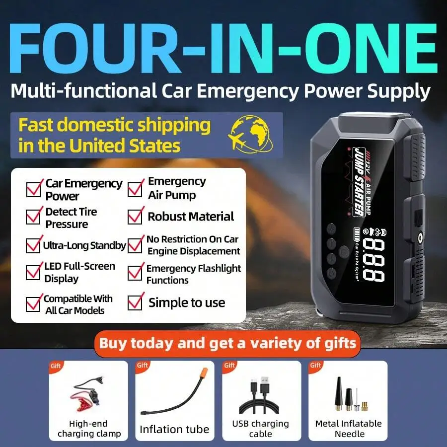 Four-In-One 12V 8000A Smart Car Jump Starter With Air Pump Power Bank Flashlight