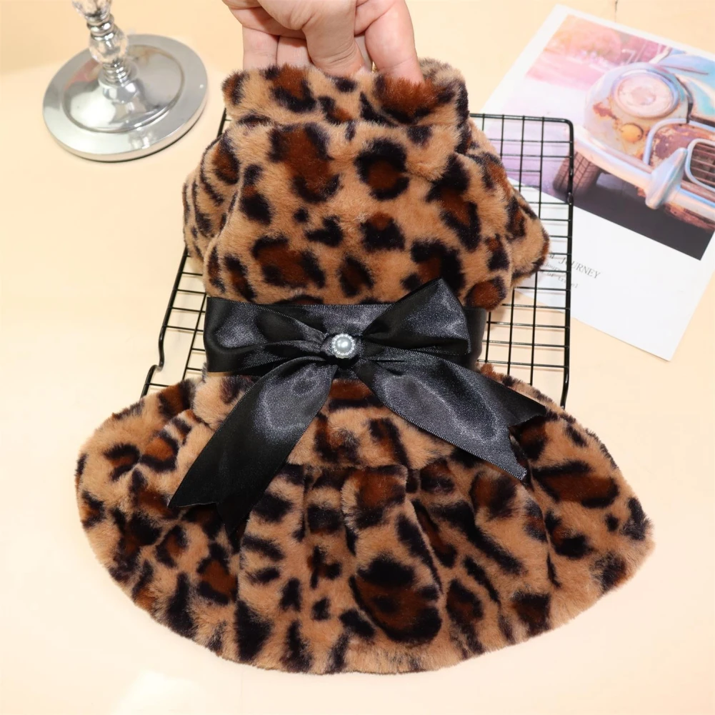 

Autumn Winter Pet Dog Clothes Plush Coat Leopard Print Dress for Small Dog Cat Jacket Faux Fluffy Bowknot Skirt Bulldog Pug Pood