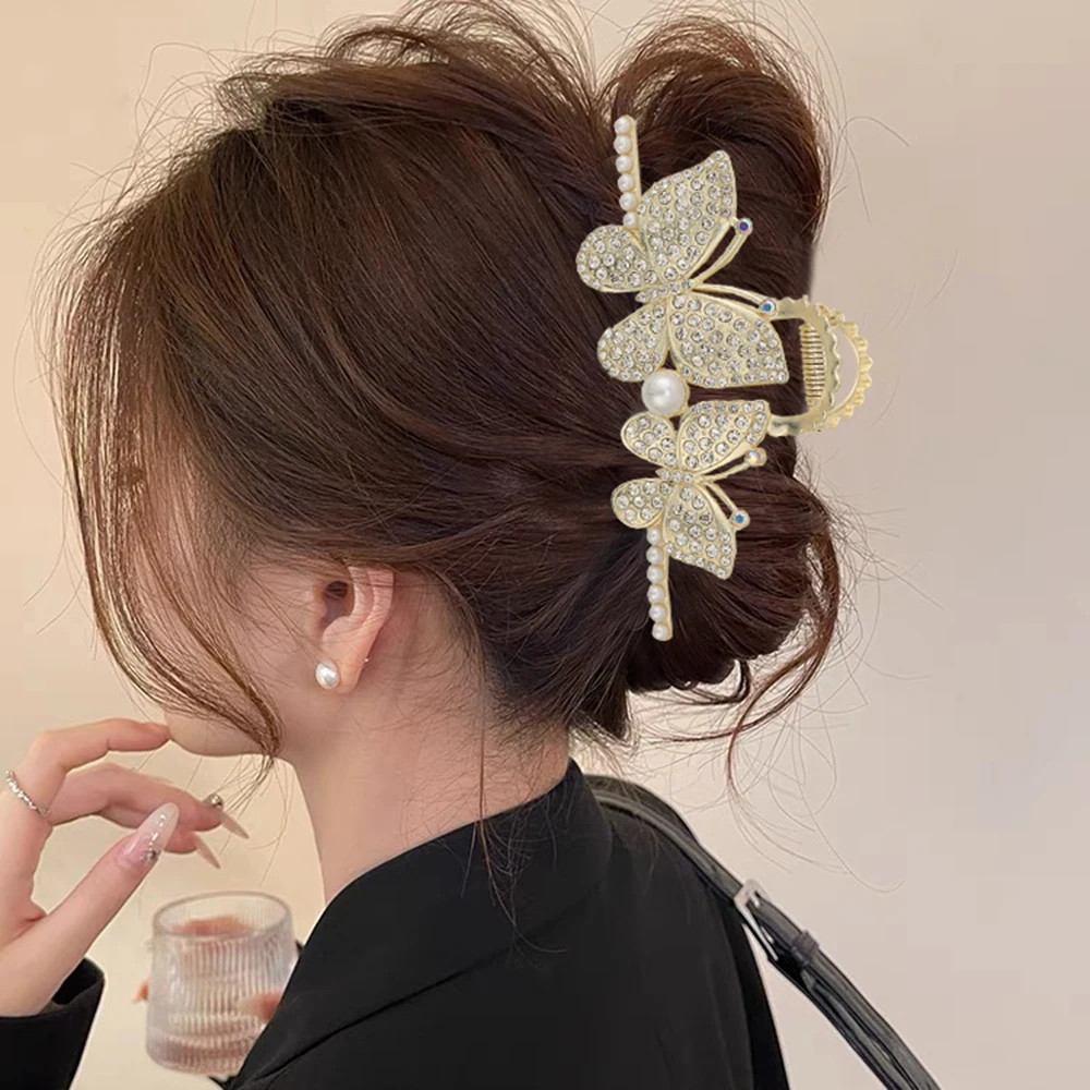 11cm Alloy Butterfly Hair Claw New Golden Sliver Hairpin Ponytail Rhinestone Hair Clip Fashion Women Styling Hair Accessories