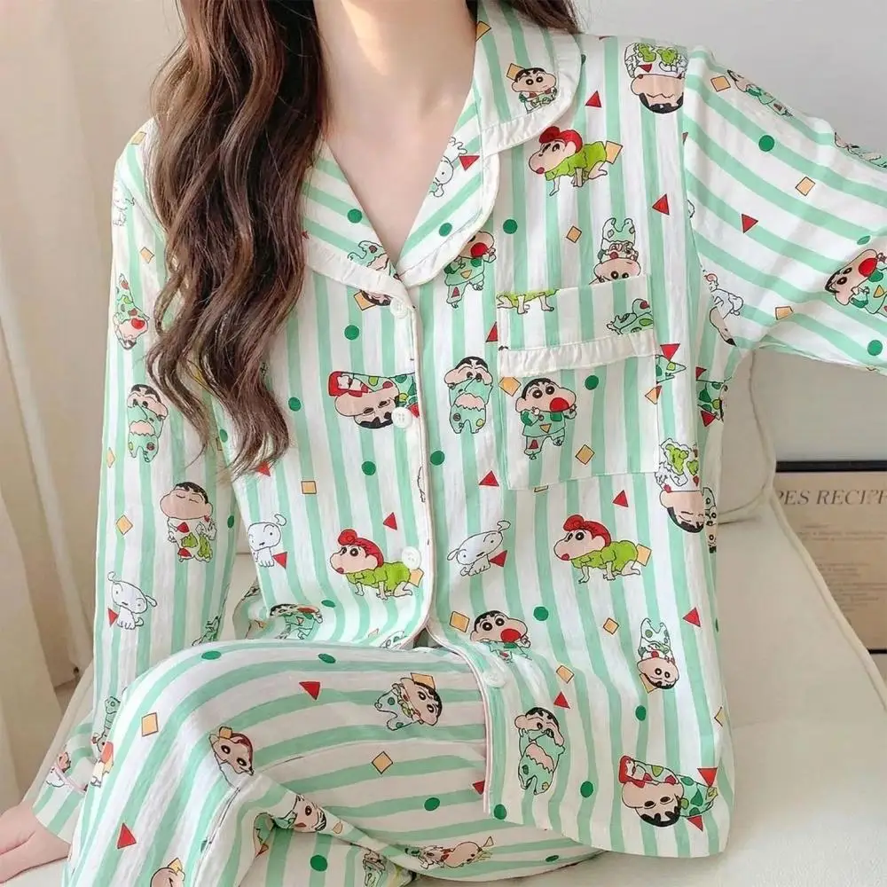 Crayon Shin-Chan Woman's Pajamas Thin Long Sleeve Pants Two-Piece Cartoon Home Clothes Cute Girls Sweet Sleepwear Comfortable
