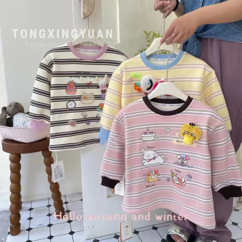 Girls' Cartoon Printed Three-Dimensional Doll Striped Sweater2024Autumn and Winter Children's Tops Wholesale