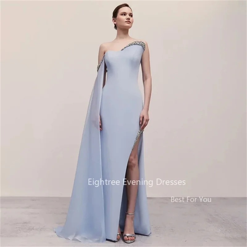 Eightree Formal Sky Blue Satin Mermaid One Shoulder Elegant Cap Sleeve Beaded Evening Dress Women\'s Party Gown with High Slit