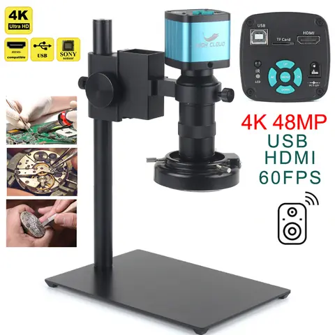 48MP 4K 2K HDMI VGA Industrial Digital Video Microscope Camera + Zoom 130X C-Mount Lens USB LED Ring Light For Repair Soldering