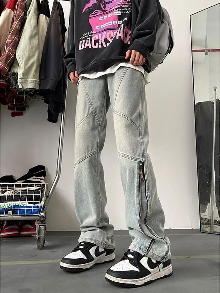 New American Retro Zipper Jeans Men's Washed Straight Leg Micro Flared Pants High Street Vibe Trendy Brand