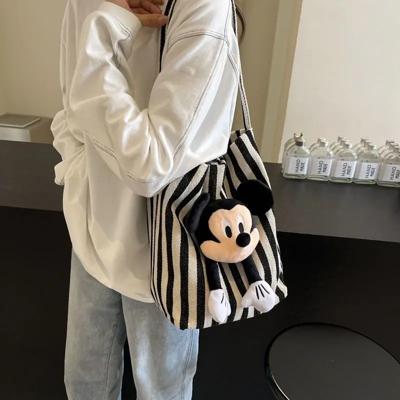 Disney Mickey creative three-dimensional cute doll striped one-shoulder canvas bag striped magnetic buckle commuter tote bag