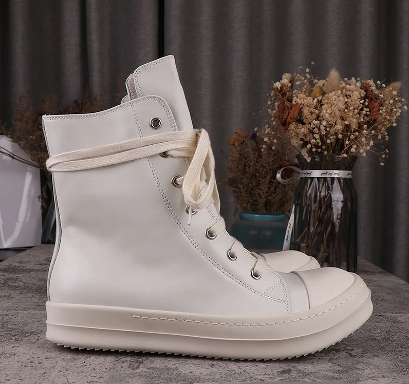 Mężczyźni Buty Casual Genuine Leather Flats White Lace Up Zip High Top Ankle Boots For Women Vintage Luxury Owens Designers Sneakers