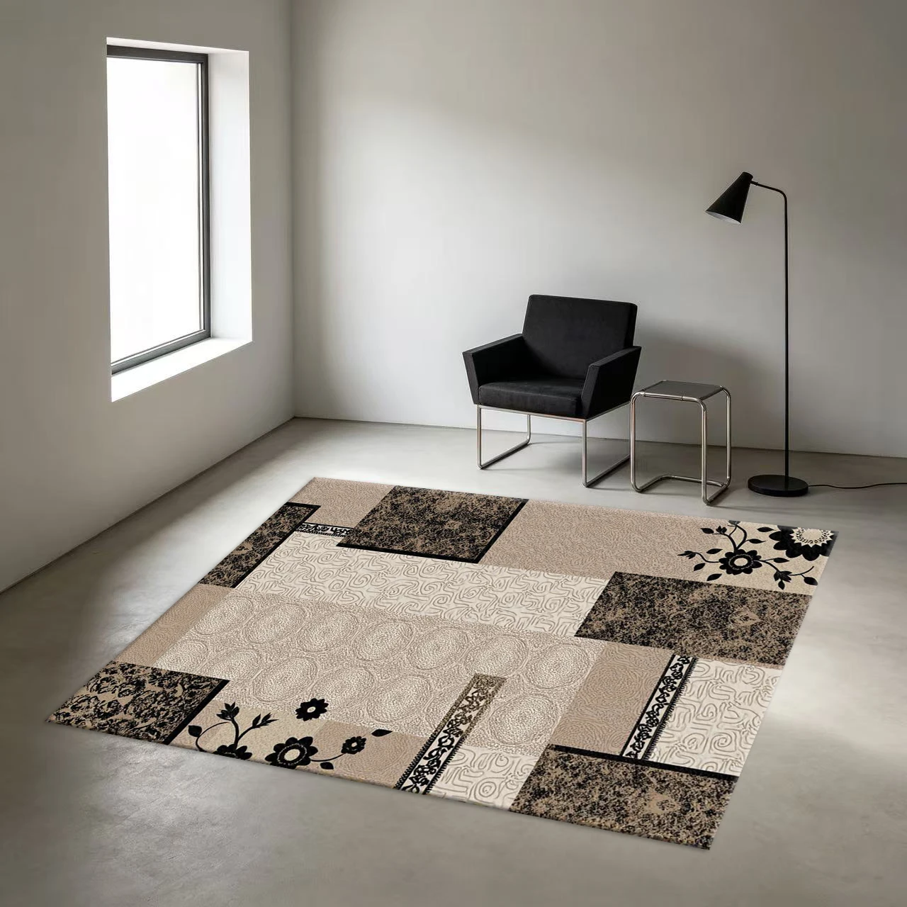 Neutral Brown Patchwork Floral Collage Carpet, Vintage Mixed Texture Printed Carpet, Non-Slip Floor Mat Suitable for Living Room, Bedroom, Home Decoration
