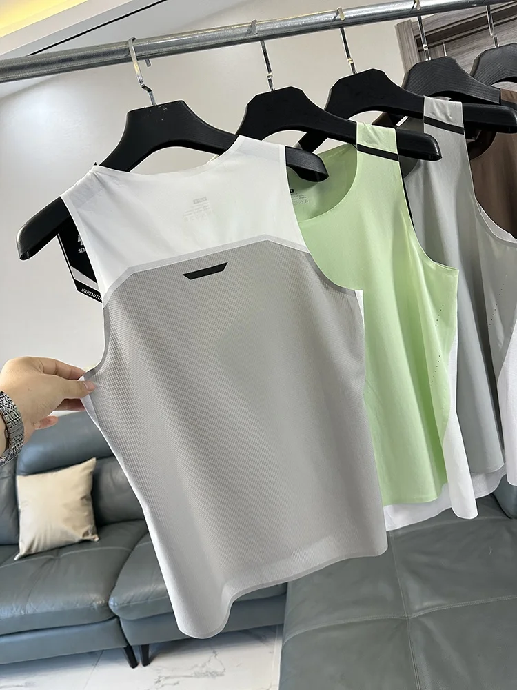 Unisex Outdoor Fitness Running Vest Seamless Pressed Glue Matrix Mesh Texture Quick Dry Sports Top Nylon Spandex Blend