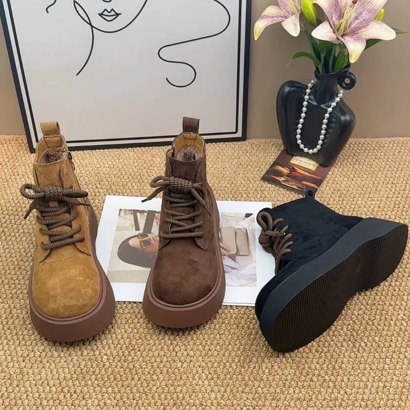 

Lace up high top snow boots versatile waterproof cotton shoes women's shoes suede short boots 2025 winter anti slip