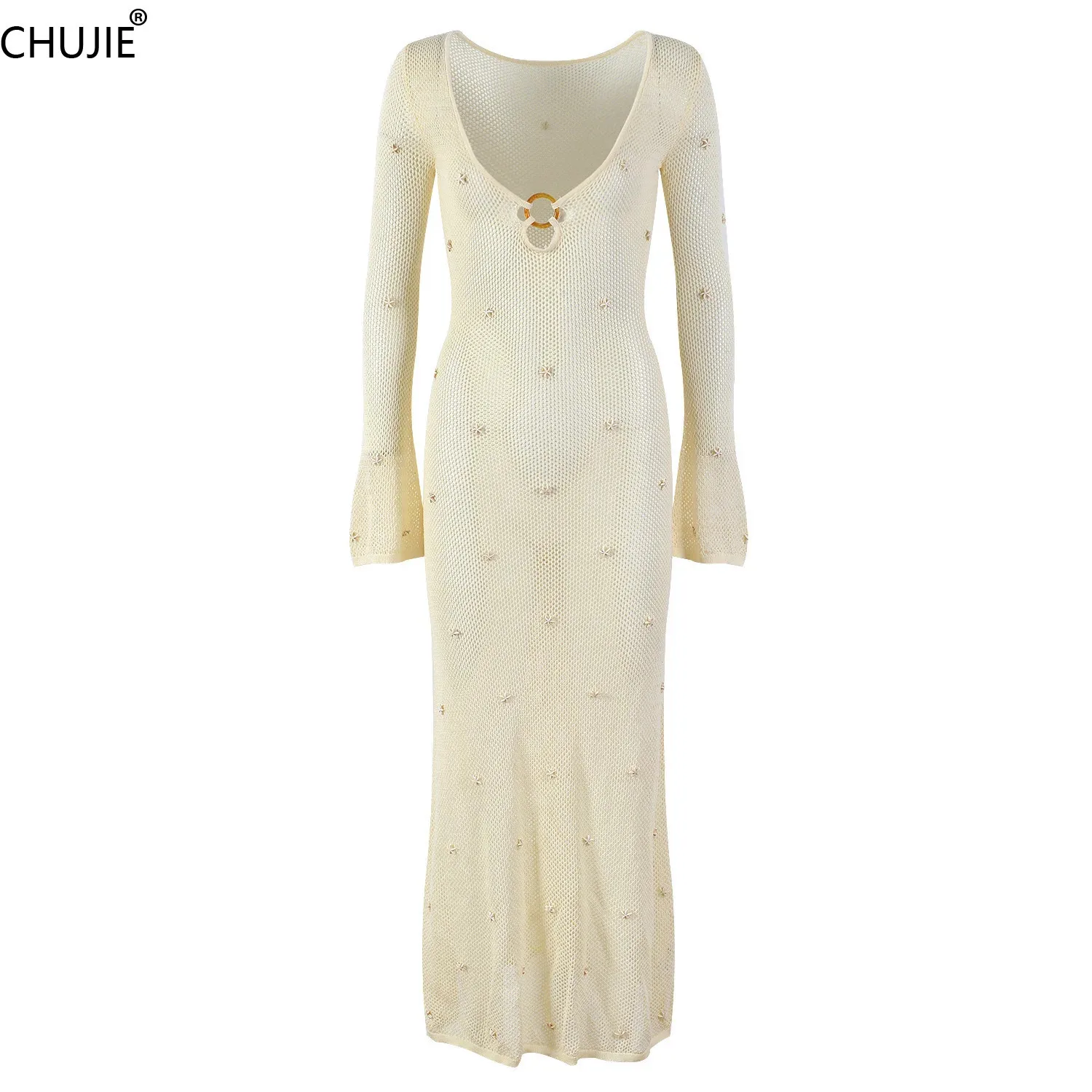 

CHUJIE Women's Dress Fashion Sexy Perspective Solid Color V-neck Casual Dress 2025 Spring New