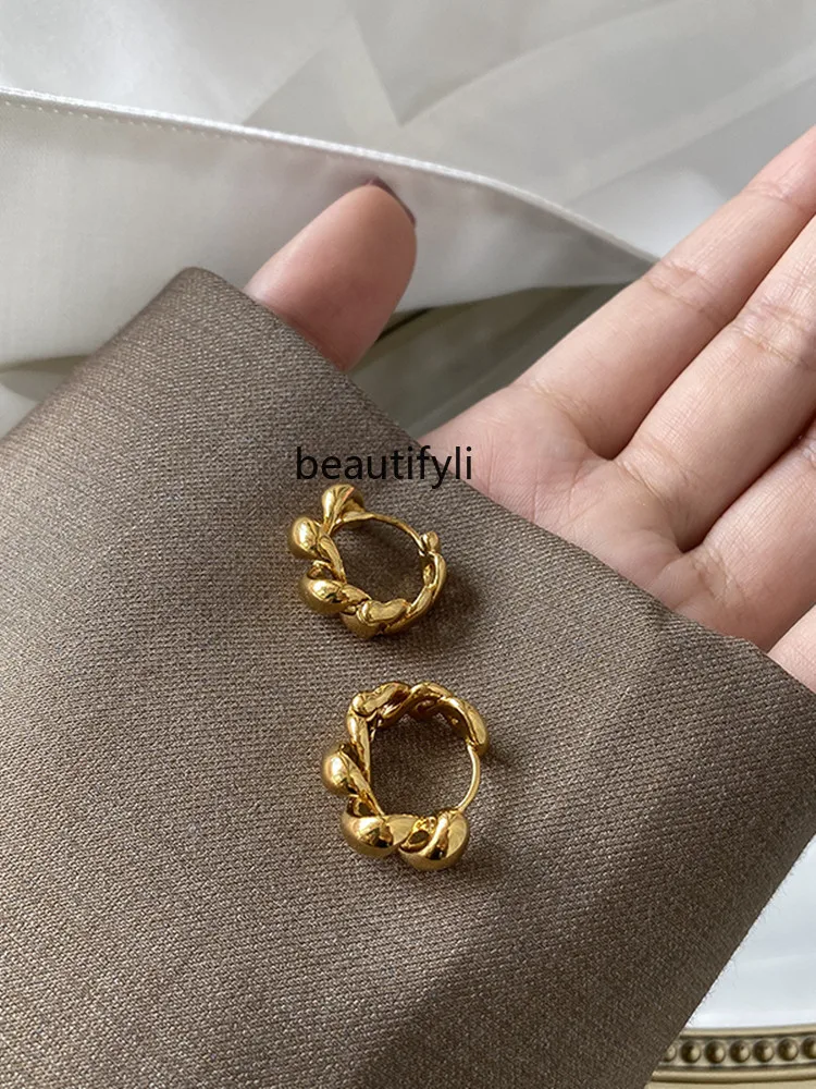 Electroplated 18K gold s925 silver needle hollow twist ear buckle light luxury premium earrings